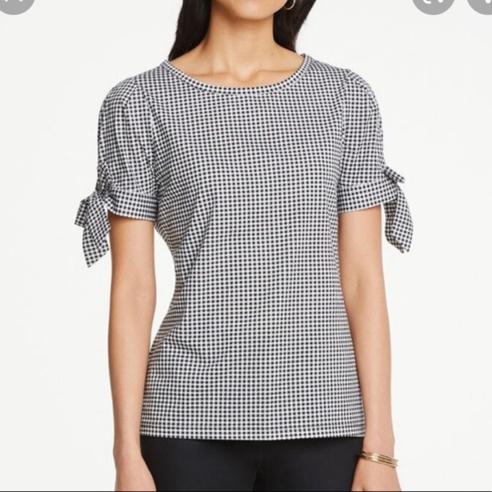ANN TAYLOR FACTORY Black and White Gingham Checkered Tie Sleeve Blouse Large